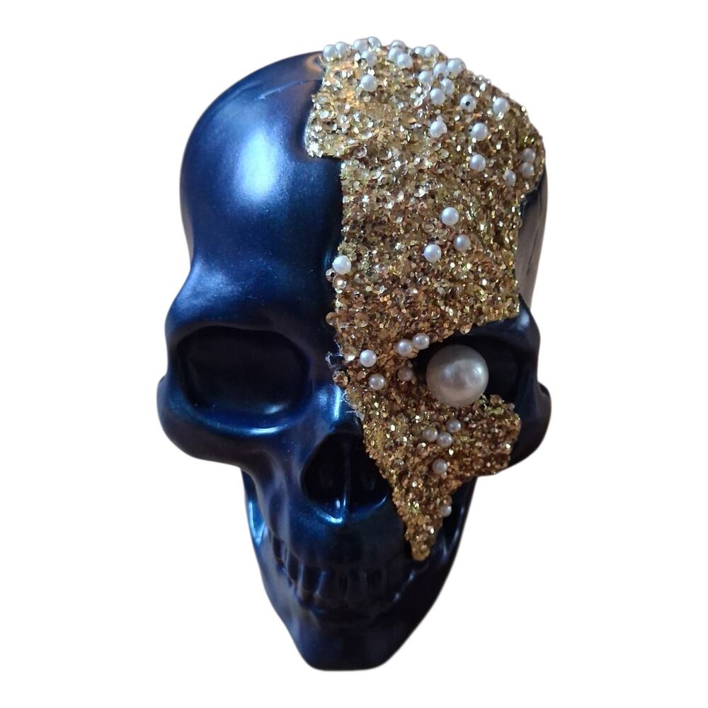 Hyde & EEK Boutique Halloween Decorative Skull Blue Gold Glitter Pearl Gothic